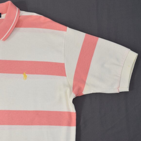 90s Polo Ralph Lauren Men's Iconic Polo Shirt Stripe Salmon Pink White Vintage M - Picture 3 of 13